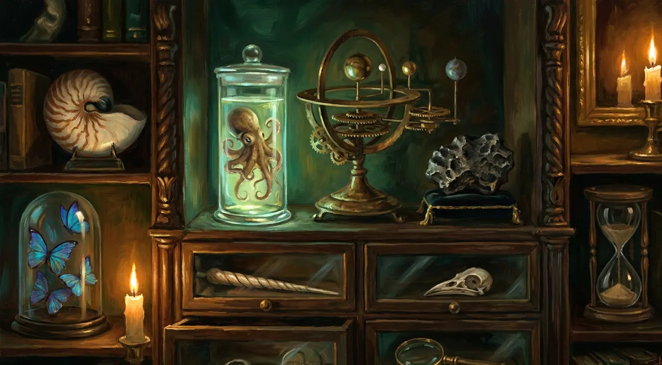 A candlelit cabinet of curiosities: a nautilus shell, an octopus in a glowing specimen jar, a brass orrery, a meteorite, blue butterflies under a glass dome, a narwhal tusk and a bird skull in glass drawers, and an hourglass.